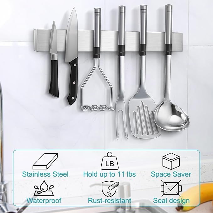 Knife Magnetic Strip, Magnetic Knife Holder for Wall Mount Fridge Refrigerator Knives Magnet Bar Tool Rack RV Kitchen Utensil Holder Metal Kitchen Tool Holder Knives Block RV Accessories 12 Inch - Image 5