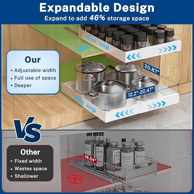 2 Pack Pull Out Cabinet Organizer Expandable Width(12.2"-20.47") & 21"Deep, Insputer No Drill Adhesive Slide Out Drawers with Upgrade 3 Slide Rails, Magnetic Panel, Roll Out Shelf for Kitchen, Pantry - Image 2