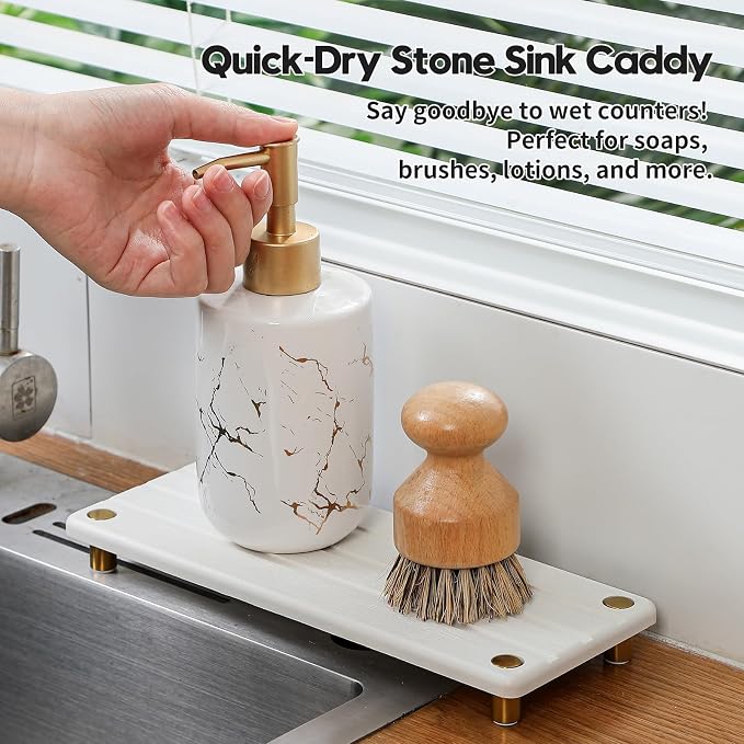 Instant Dry Sink Caddy Kitchen Sink Organizer, Quick Drying Diatomaceous Earth Stone Sink Tray Sponge Holder Soap Dish, Bathroom Countertop Vanity Dispenser Toothbrush, Gold White, 10" x 4" - Image 2