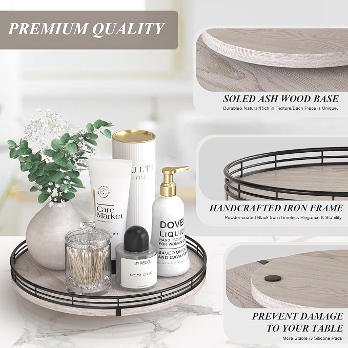 AMH 12-Inch Whitewashed Farmhouse Lazy Susan Tray with Black Metal Frame | Smooth rotating oak tray with walnut finish for dining tables, kitchen counters, pantries and cabinet storage. - Image 5