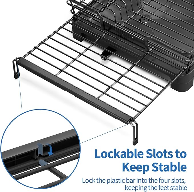 TOOLF Expandable Over The Sink Dish Drying Rack for Kitchen Counter, Black | Extend 12.56"-23.97"L,Stainless Steel & PP,Cups & Cutting Board Holder,Removable Utensil Holder,Adjustable Feet Fit Most Sink - Image 6