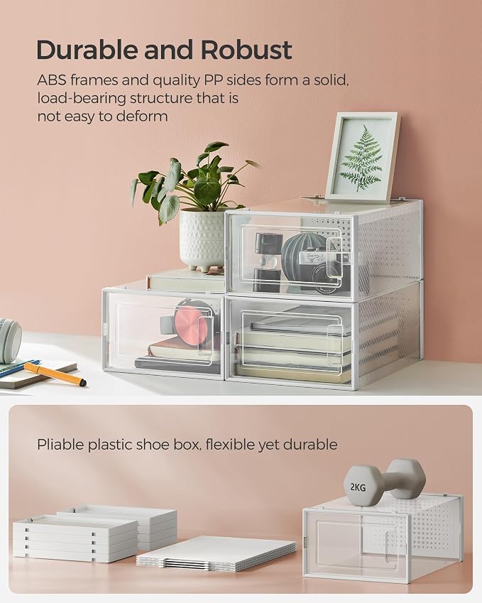 SONGMICS Shoe Boxes, Pack of 24 Shoe Storage Organizers, Stackable Clear Plastic Boxes for Closet, Sneakers, 13.1 x 9.1 x 5.6 Inches, Transparent and White ULSP906W12 - Image 5