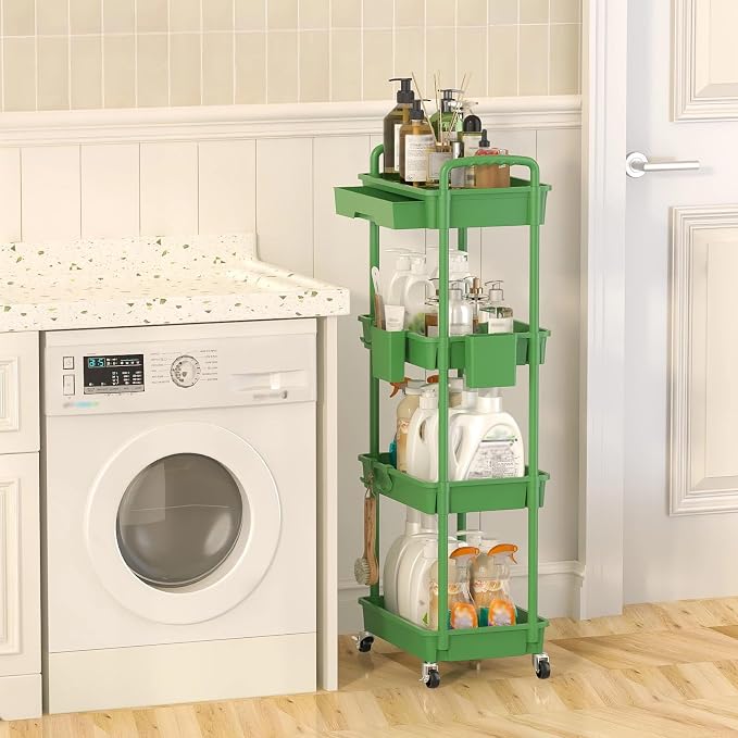 4 Tier Rolling Utility Cart with Drawer, Plastic Storage Organizer Rolling Carts with Wheels Handles Hanging Cups Hooks for Office, Bathroom, Kitchen,Craft Art Room (Green) - Image 6