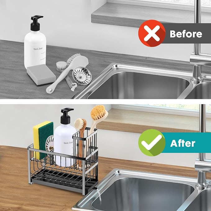 Sinnsally Kitchen Sponge Holder,Sink Caddy Organizer with High Brush Holder,Stainless Steel Sink Box Dish Scrubber Holder,Soap Tray for Kitchen Counter Accessories & Storage Rack(2 Tier - Black) - Image 6