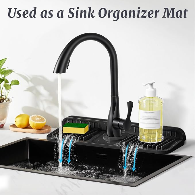 PoYang 14.6 Inch Faucet Mat for Kitchen Sink Splash Guard, Silicone, Black | Sink Protectors with 7° Slope for Smooth Drainage, Snap Button Holds It in Place, 90° Foldable & Cuttable Hole Fit Most Sinks - Image 6