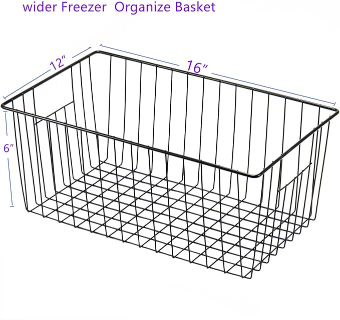 16" L x 12" W Wider Freezer Storage Organizer Baskets Container, Deep Metal Wire Chest Upright Refrigerator Divider Bins with Built-in Handles for Cabinet, Pantry, Kitchen, Black - Image 7