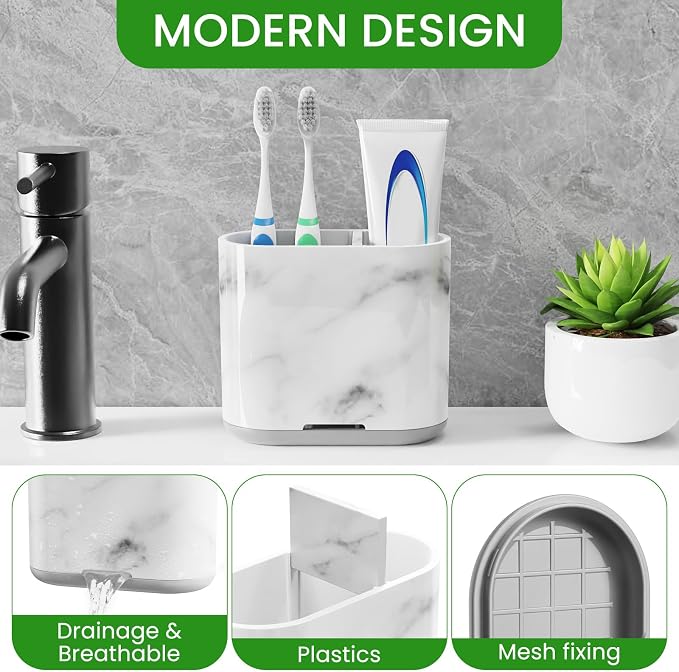 Toothbrush Holders for Bathrooms, Marble, Small, Bathroom Accessories | 2 Slots, Easy to Clean, Plastic, Kids Electric Toothbrush, Drainage, Removable, For Bathroom, Vanity, Kitchen Sink, Office - Image 2