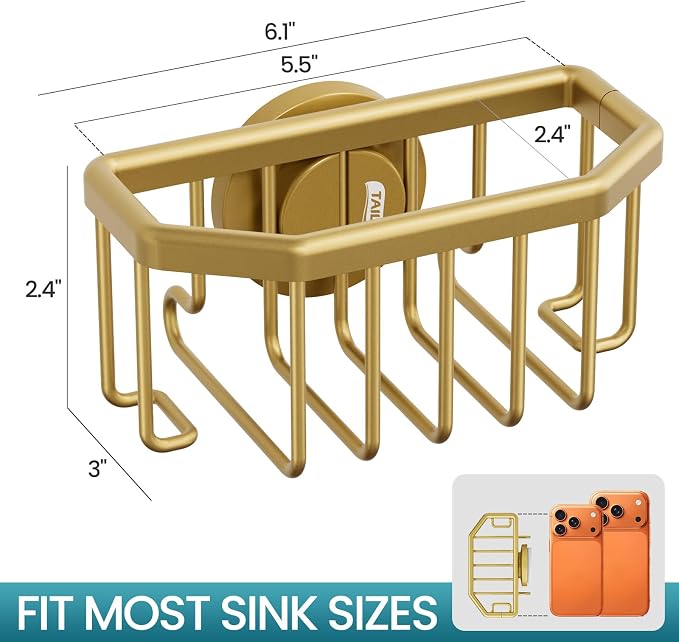 TAILI Sponge Holder for Kitchen Sink with Suction Cup-Gold, Aluminum | Rustproof Aluminum Sink Caddy for Sponges,Brushes,Stoppers & Scrapers,Removable Ventilated Quick-dry Design, holds Up 11lbs - Image 3