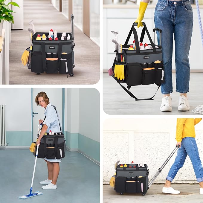 JKAOO Large Rolling Cleaning Caddy Bag with Detachable Trolley, Gray | Waterproof Cleaning Caddy with Wheels, 40L Wheeled Organizer Cart for Supplies, Housekeepers, Home, Office, Car, Picnic - Image 6