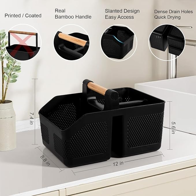 Plastic Shower Caddy Portable Shower Basket with Bamboo Handle, Black | Cleaning Caddy Organizer Storage Tote for Bathroom, College Dorm Essentials, Bath Toy Storage - Image 2