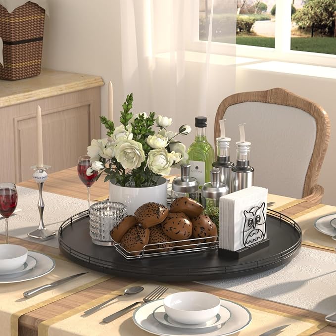 Oroyutor 21-Inch Extra Large Oak Lazy Susan with Black Metal Rail | Rotating oak tray organizes spices, toiletries and decor on kitchen counters, bathroom vanities, dining and coffee tables. - Image 3
