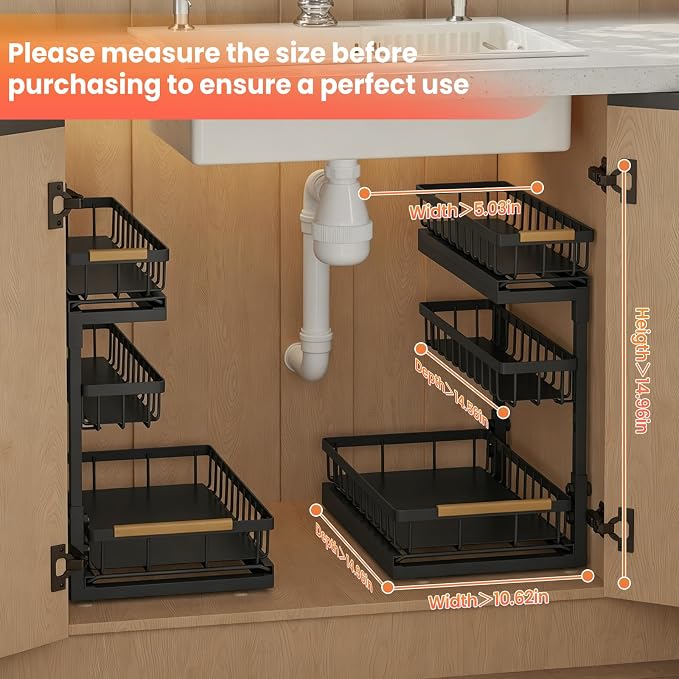 Under Sink Organizer and Storage for Bathroom and Kitchen - 2 Pack 3 Tier | Under Cabinet Pull Out Shelf Organizers - Slide Out Drawer Organization for Home Cabinets Shelves and Drawers - Image 9