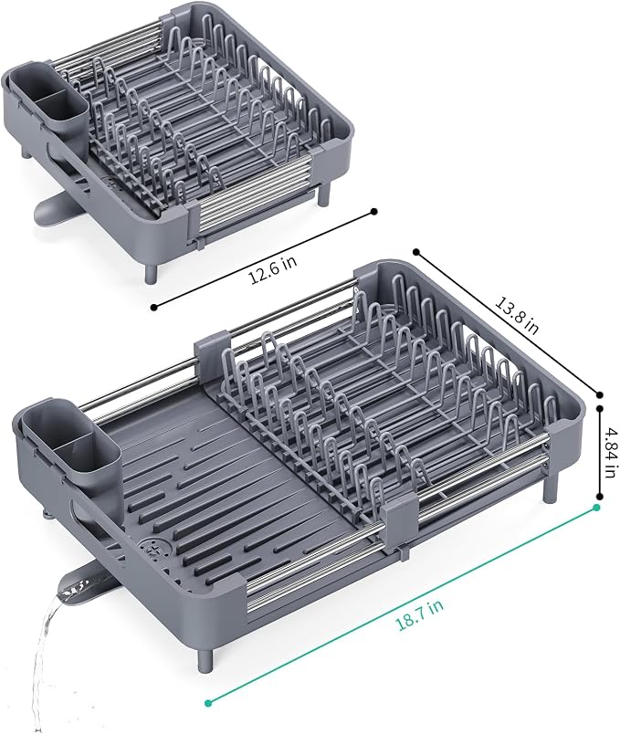 TOOLF Expandable Dish Drying Rack with Cutlery Holder, Standard, Grey | Over or In Sink Stainless Steel Dish Drainers for Compact Kitchen, Space Saving, Fast Drain, Rustproof, For 1-3 people - Image 8