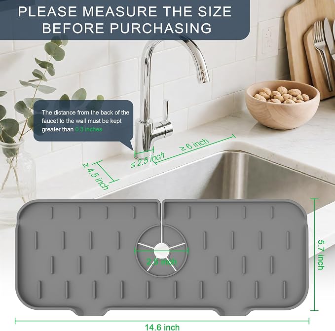 Kitchen Sink Splash Guard Silicone Faucet Mat for Kitchen Sink Grey | Sink drain pad behind faucet, Sink rubber mat around faucet guard & draining mat, bathroom sink protector Water Catcher Mat - Image 2