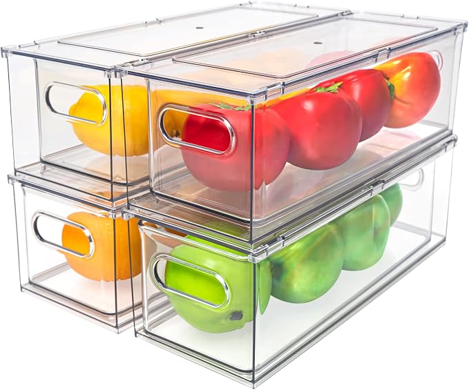 MANO Fridge Drawer Pull Out Stackable Bins with Handle Clear Refrigerator Drawers Organizer Food Storage Container Box Plastic Produce Saver for Pantry, Cabinet, Kitchen, Clothes（4Pack） - Image 7