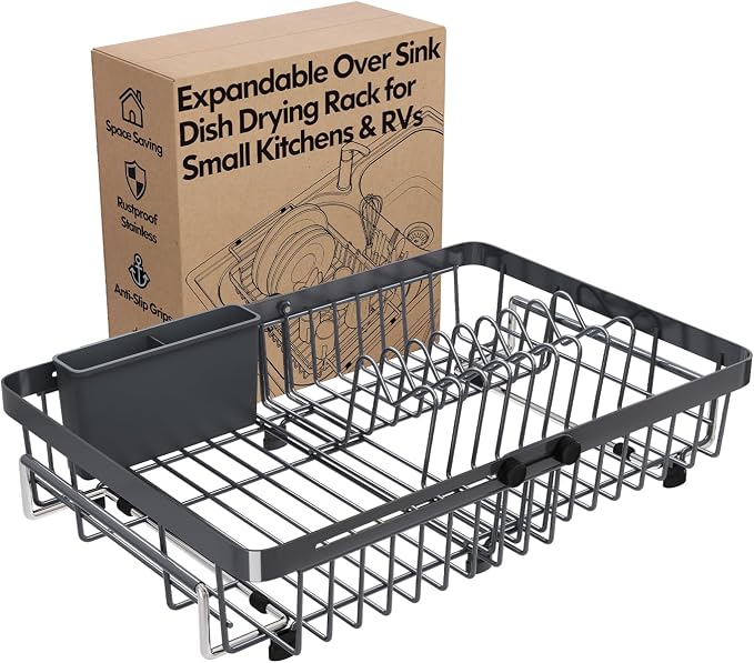 Grey Dish Drying Rack Over The Sink with Utensil Holder | Expandable Stainless Steel Dish Drainer for Small Kitchen, Apartment, RV, Counter Space Saving, Perfect Fit, Rustproof by MAJALiS