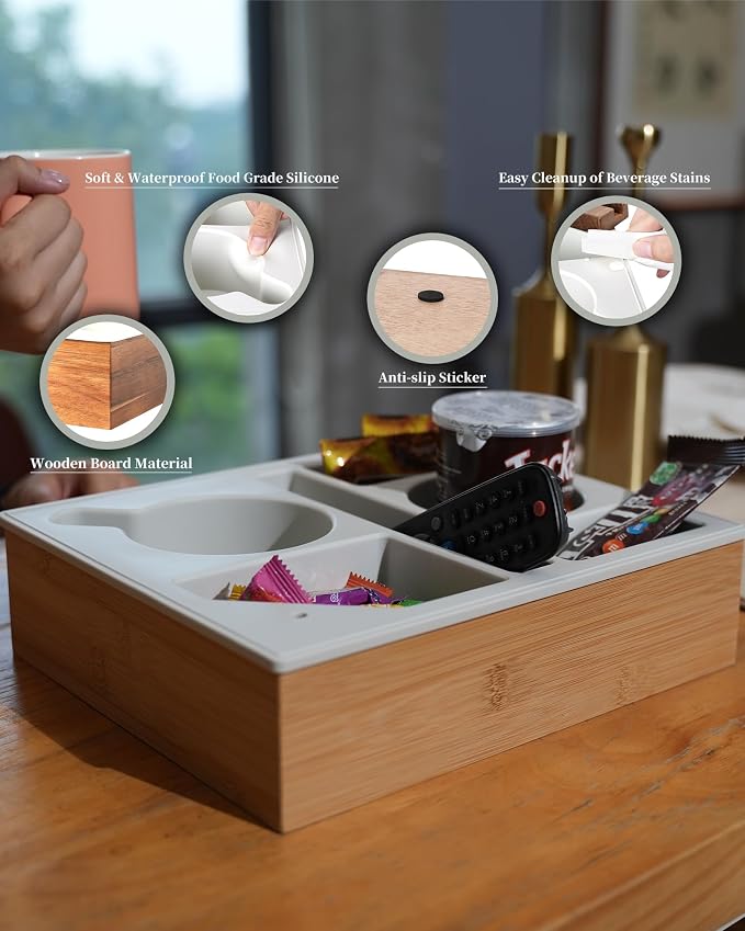 Couch Cup Holder Tray, Hitseon Silicone Bamboo Couch Caddy with Rotatable Phone Holder for Bed Car Seat Organizer, Waterproof Anti-Spill Couch Drink Holder for Snacks Beverage Remote (Black) - Image 4