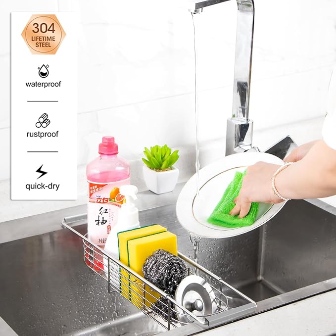YQh Retractable Sink Drain Rack, 304stainless Steel Expandable Sink Storage Rack, Adjustabl Kitchen Sponge Drying Rack, soap Rack, Breathable Drainage (Adjustable Length 14in-18in) - Image 5