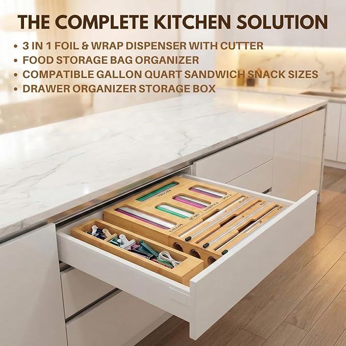 9 in 1 Bamboo Kitchen Drawer Organizer for Storage Bags, Foil & Plastic Wrap Holder with Built-In Cutter, Fits Gallon, Quart, Sandwich, and Snack - Image 6