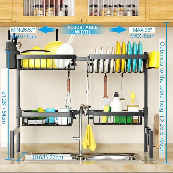SNSLXH 4 Baskets 2-Tier Over The Sink Dish Drying Rack, 26.57"-35" | Large Dish Drying Rack for Kitchen, Extensible and Adjustable, Saving Kitchen Space - Image 2