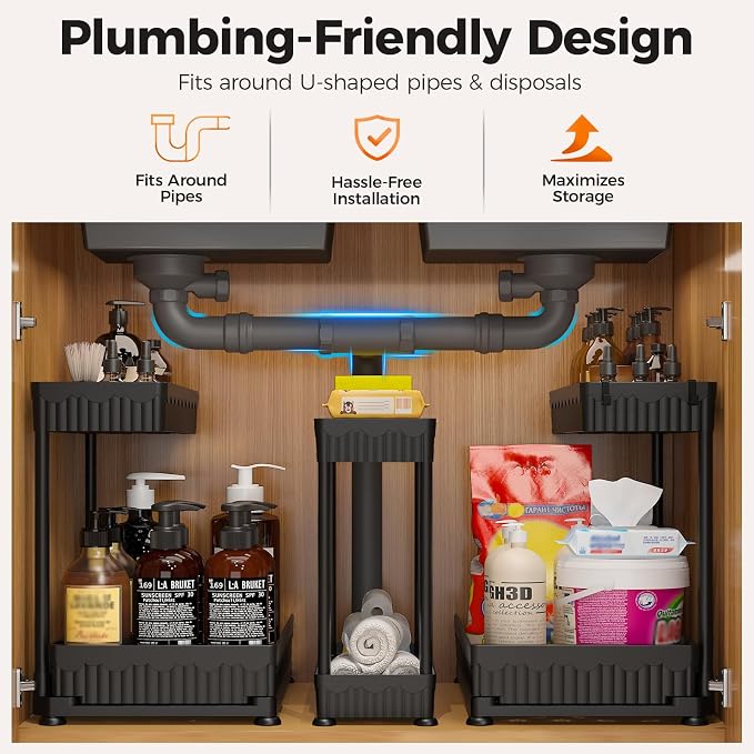 3-Pack 2-Tier L-Shaped Under Sink Organizers with Sliding Drawers | Multi-use kitchen & bathroom storage, 12.85 inch black cabinet organizer, space-saving sliding drawer design. - Image 3