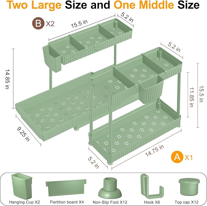 3-Pack 2-Tier L-Shaped Under Sink Organizers with Sliding Drawers | Multi-use kitchen & bathroom storage, 14.85 inch green cabinet organizer, space-saving sliding drawer design. - Image 6