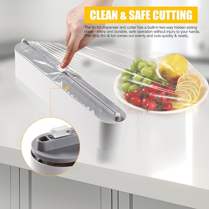 Aluminum Foil & Plastic Wrap Dispenser with Slide Cutter - Magnetic & No-Drill Wall Mount, Cling Film Dispenser for Worktops & Cabinets, Space-Saving Kitchen Organizer - Fits 12" Rolls, White - Image 2