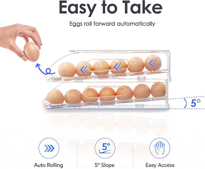 SMRCAD 24-Egg Dispenser with Silicone Bumpers, Auto-Rolling, Stackable | BPA-free food-grade PET | Stackable with lid | Built-in handle | Fits Large to Jumbo Eggs | Hand wash only - Image 2