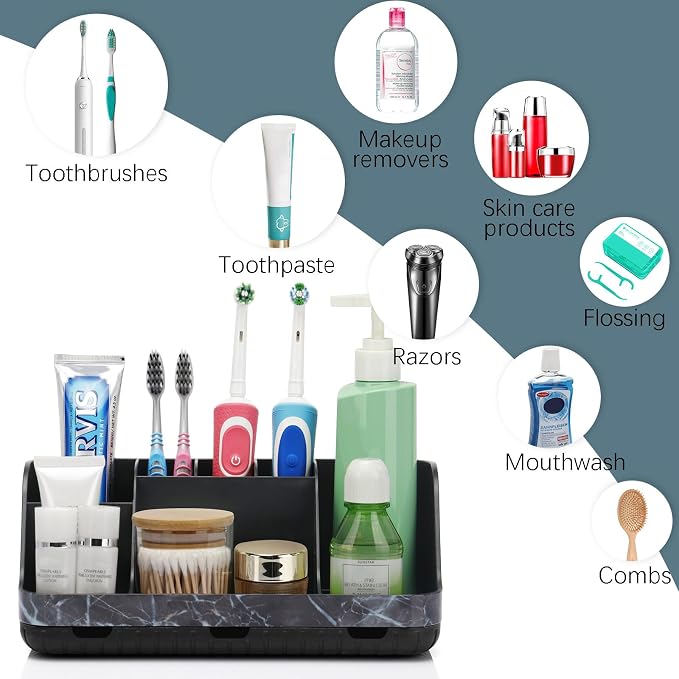 GFWARE Marble Black Toothbrush Holder for Bathrooms, Bathroom Sink Storage | Detachable 7 Slots Kid Electric Toothbrush and Toothpaste Holder, Bathroom Sink Accessories Storage Caddy Marble-Look, Black - Image 5