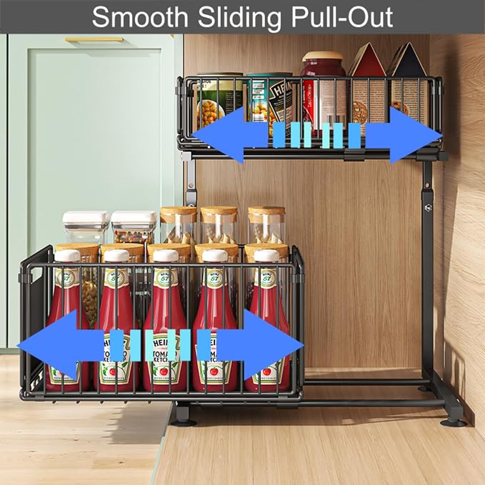 Under Sink Organizer, 2-Tier Multi-Use Kitchen and Bathroom Organizers and Storage, Slide Out Thickened Metal Under The Sink Organizer for Kitchen Bathroom Pantry (Style B Black, 2 Pack) - Image 2