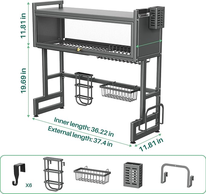 Over the Sink Dish Drying Rack 3 Tier with Dustproof Flip-Up Cover | Large Dish Drainer Storage Counter Organizer,Space-Saving Dish Rack for Dishes and Cutlery,Fits Sinks up to 36 Inches - Image 5