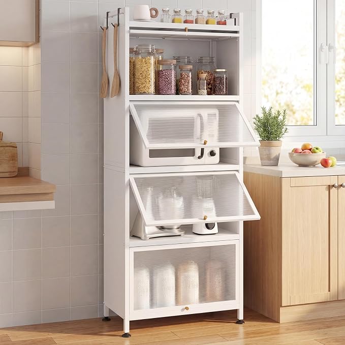 GIANTEX 5-Tier Kitchen Storage Cabinet, 4 PC Doors, Rolling Wheels, White | Mobile Metal Pantry Cabinet with 4 Hooks & Adjustable Feet, 60" Baker's Rack Microwave Stand for Dining & Living Room - Image 2