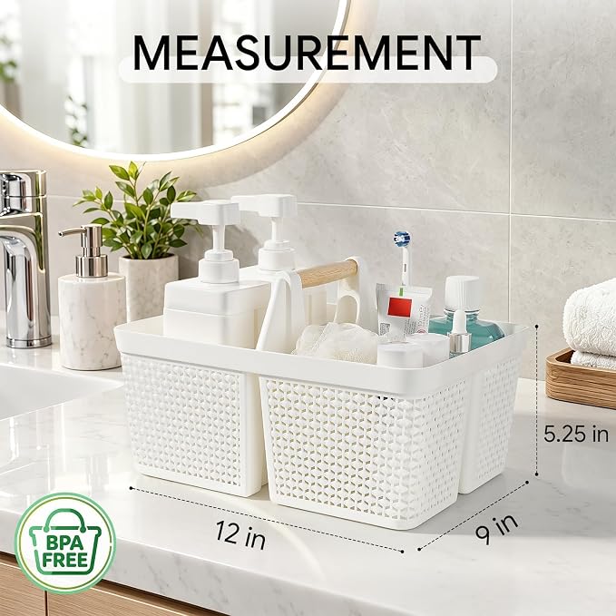 UUJOLY Portable Plastic Shower Caddy Basket with Wooden Handle, White | Divided Storage Organizer Tote for Bathroom, Dorm, College, Kitchen & RV – Lightweight, Easy-Carry Essentials Caddy - Image 6