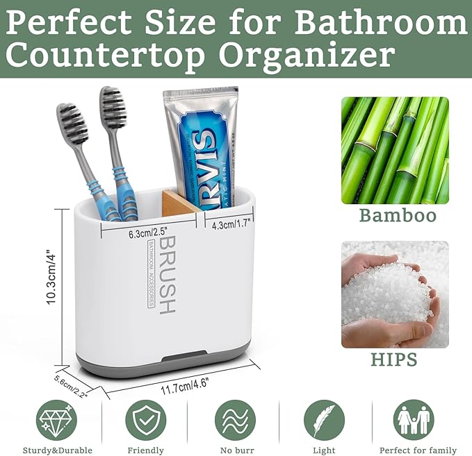 Bamboo Toothbrush Holder for Bathrooms Toothpaste Organizer, Small, White | 2 Slots, Easy to Clean, Plastic, Kids Electric Toothbrush, Drainage, Removable, For Bathroom, Vanity, Kitchen Sink, Office - Image 4