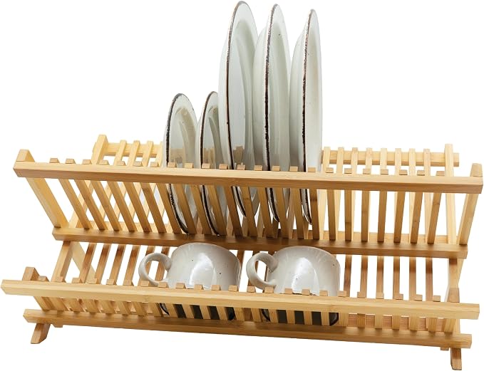 Oggi 2 Tier XL Folding Bamboo Dish Drying Rack, Large Foldable Dish Rack for Kitchen Counter, Bamboo Plate Drying Rack, Collapsible Dish Drainer with 16 Plate Slots by Unknown