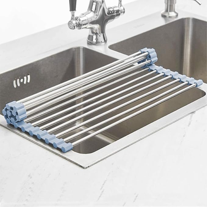 Over The Sink Dish Drying Rack, Roll Up Dish Drying Rack Kitchen Dish Rack Stainless Steel Sink Drying Rack, Foldable Dish Drainer, Gray (20.4''x13.7'') - Image 6