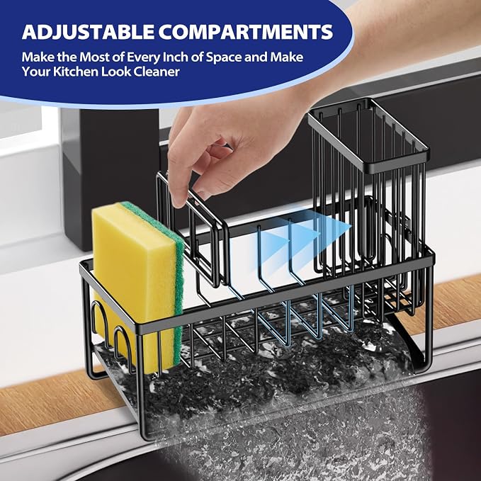 Sinnsally Kitchen Sponge Holder,Sink Caddy Organizer with Brush Holder,Stainless Steel Sink Box Dish Scrubber Holder with Self Drain Tray,Soap Dispenser Kitchen Storage Accessories(1 Tier-Black) - Image 4