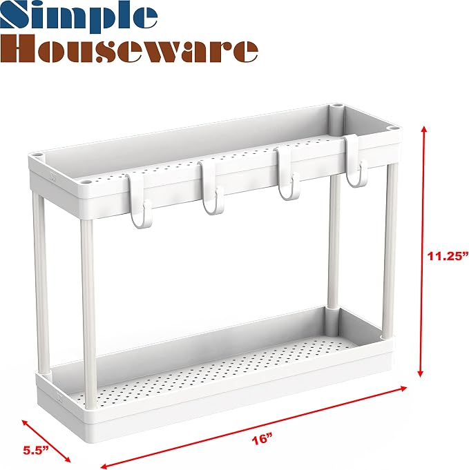Simple Houseware 2-Tier Under Sink Organizer Storage Tray with Hooks, White - Image 5