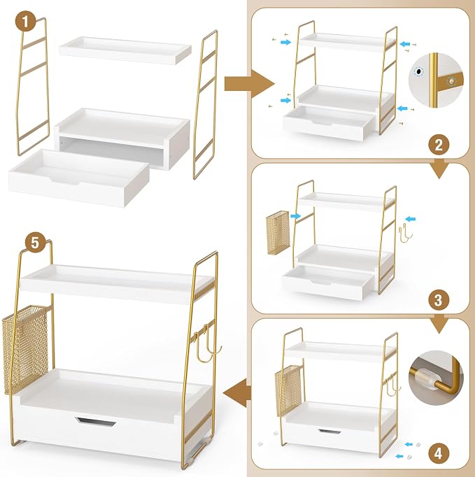 2-Tier Bathroom Counter Organizer with Drawer, Wood Counter Storage Shelf | Bathroom Vanity Organizer Countertop for Makeup, Skincare, Perfume, with Removable Basket, 13.4" x 7.9" x 14.5", White Gold - Image 7