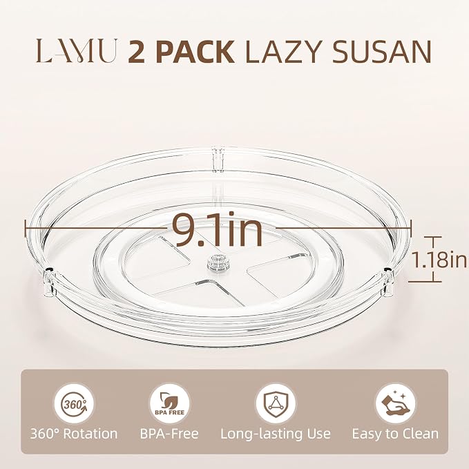 LAMU 2 Pack Lazy Susan Organizer, 9'' Clear Lazy Susan Turntable for Cabinet, Fridge, Kitchen, Pantry, Countertop, Table Top, Refrigerator Organizers and Storage, Seasoning and Spice Organizer - Image 2