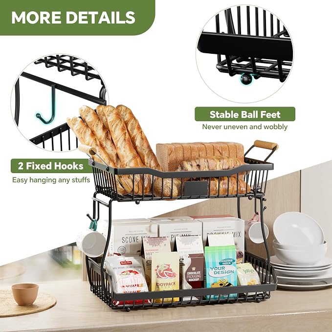 Simple Trending Fruit Basket 2-Tier Detachable, with Banana Hangers & Rust-Proof Metal Mesh, Ventilated Kitchen Organizer for Countertop, Perfect for Fruits, Vegetables, Snacks Storage - Image 5