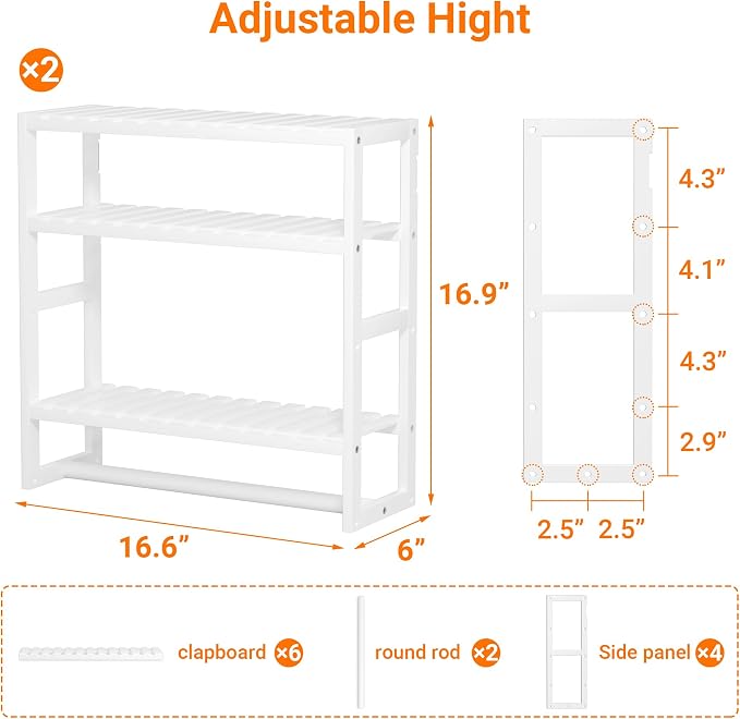 Towel Rack Bathroom Storage Shelves Over The Toilet with Towel Bar 100% Bamboo Adjustable Height Floating Shelf Wall Shower Shelf for Small Space Bathroom Kitchen Multi Usage White New 2Pack - Image 7