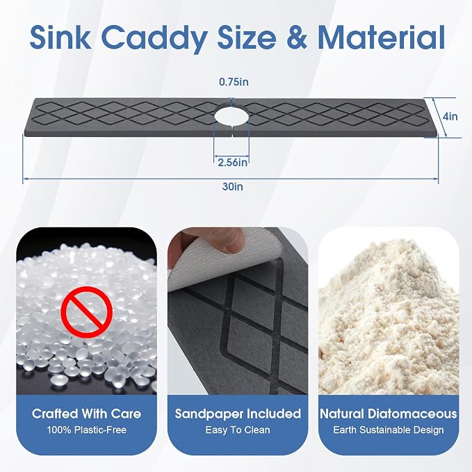 Diatomite Sink Splash Guard, Faucet Mat for Kitchen Sink 30" x 4", Super Absorbent Quick Drying Stone Mat, Faucet Splash Guard for Bathroom Counter, Matte black - Image 3