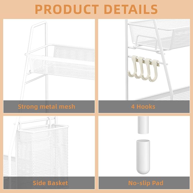2 Tier Bathroom Countertop Organizer, Vanity Storage Shelf, Small, White | Bathroom Counter Organizer, Vanity Makeup Tray Shelf, Kitchen Spice Rack, Metal Wire Mesh, with Basket Hooks - Image 5