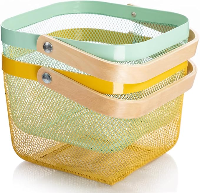 AJIODA Metal Mesh Steel Basket, Storage Organizer Basket Multi-functional Hanging Kitchen Baskets Fruit Basket with Wooden Handle for Kitchen Bathroom Picnic Shopping Decor Cabinet Home, Macaron Blue - Image 6