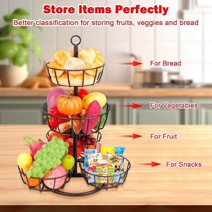 Livabber Fruit Basket Bowl, Metal Fruit Vegetable Storage Basket for Kitchen Counter, Large Capacity Vegetable Holder Rack Detachable Organizer for Bread Snack Produce (Black, 5-Tier Metal Base) - Image 6