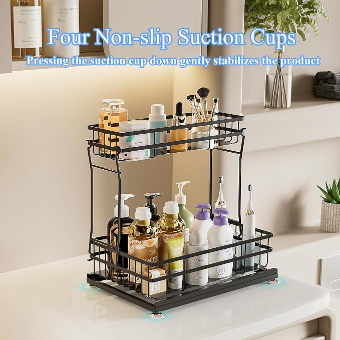 2 Pack Under Sink Organizers and Storage, 2 Tier Pull Out Cabinet Organizer, Metal Sliding Drawer Storage for Kitchen Bathroom，Black - Image 3