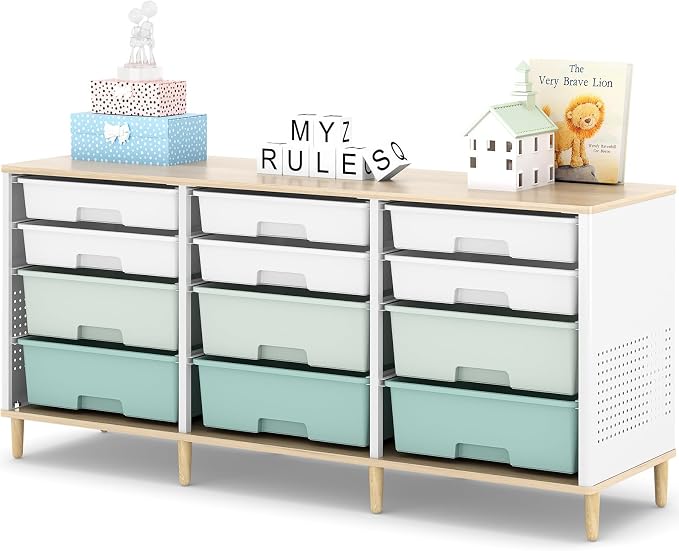TOOLF 12 Drawers Storage Cabinet with Wooden Top and Plastic Bins,Green | Toy Shelf Storage Chest Cubby Organizer, for Home, Office, Playroom, Classroom & Craft Room by TOOLF