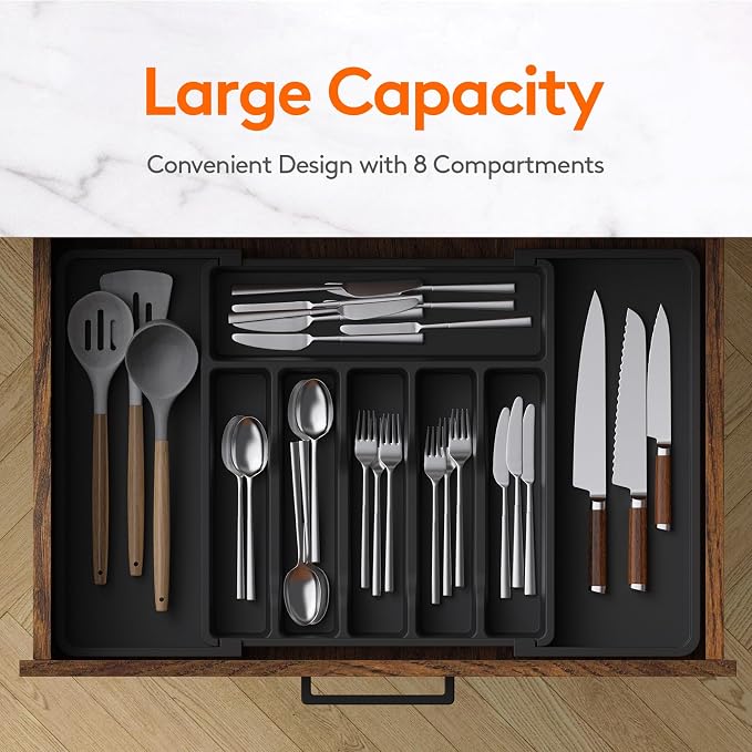 Lifewit Extra Large Silverware Drawer Organizer, Expandable Utensil Tray | BPA Free Flatware Cutlery Holder for Kitchen, Adjustable Plastic Storage for Spoons Forks Knives, 13-22 x15, Black - Image 2