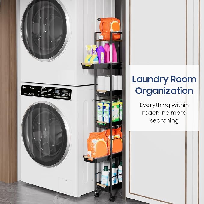 6 Tier Slim Storage Cart with Pull-Out Baskets Rolling Cart with Wheels Wood Top Narrow Utility Cart Metal Shelving Units for Pantry Laundry Room Bathroom Kitchen Black 8in(W) - Image 3